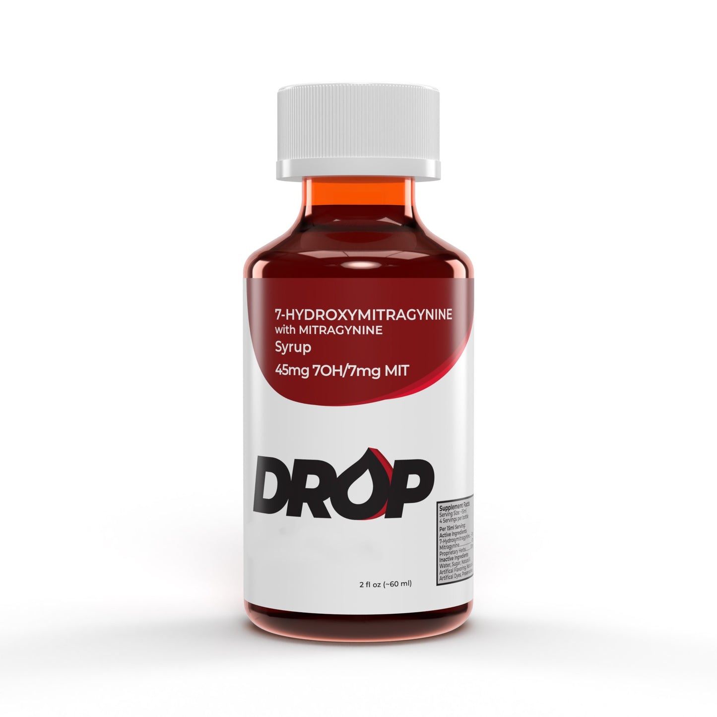 Bottle of 'DROP' syrup with red liquid on a white background