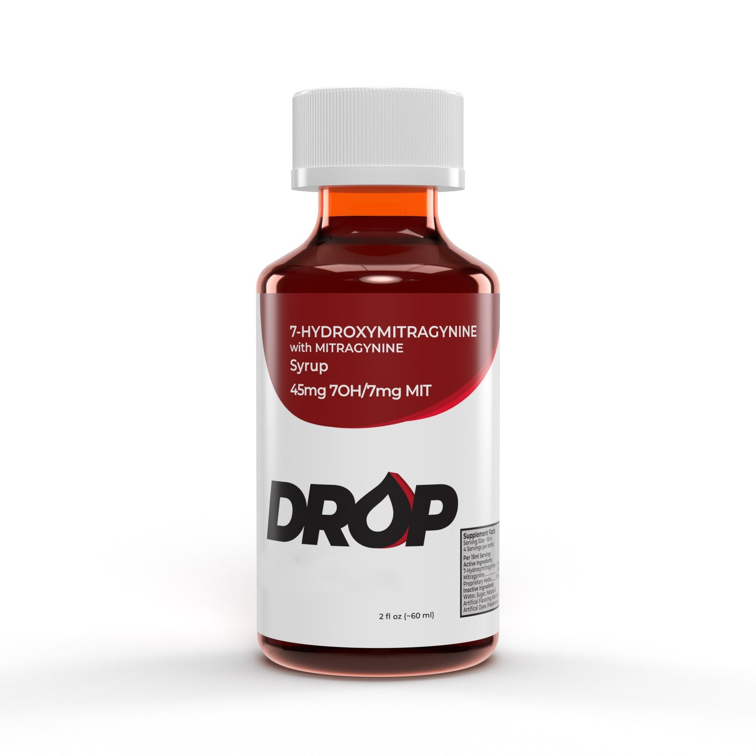 Bottle of 'DROP' syrup with red liquid on a white background